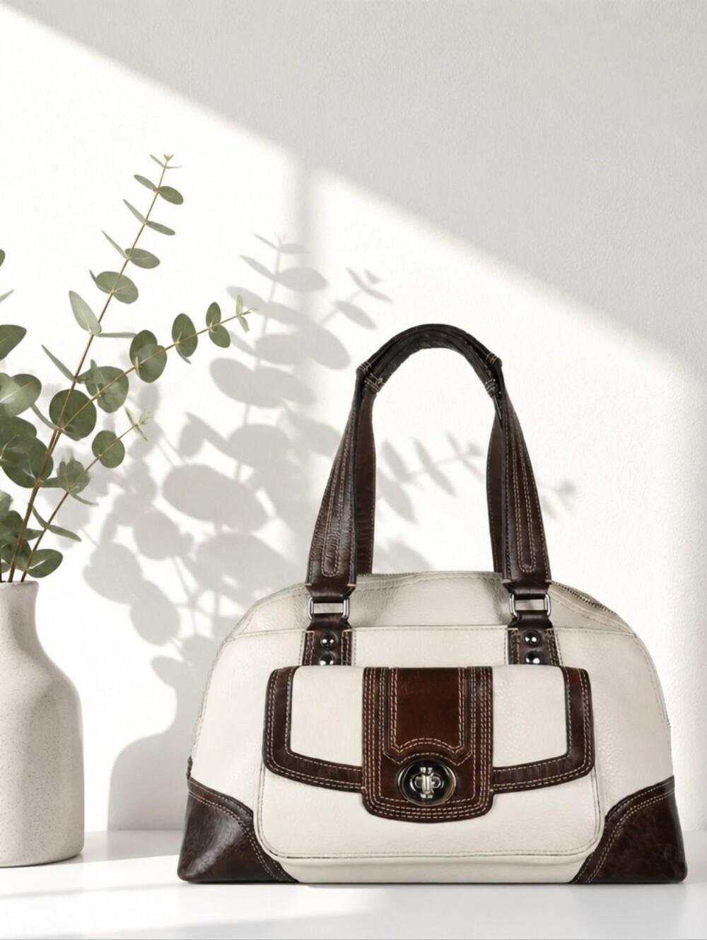 COACH VINTAGE Y2K HAMPTON BROWN & OFF WHITE PEBBLED LEATHER DOME SATCHEL
